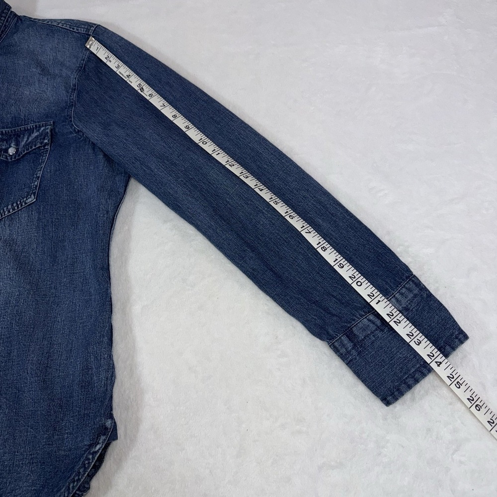 J Crew Slim-Fit Chambray Shirt Womans Sz 14 Western Pearl Snap Cotton Rodeo Boho - Picture 11 of 13